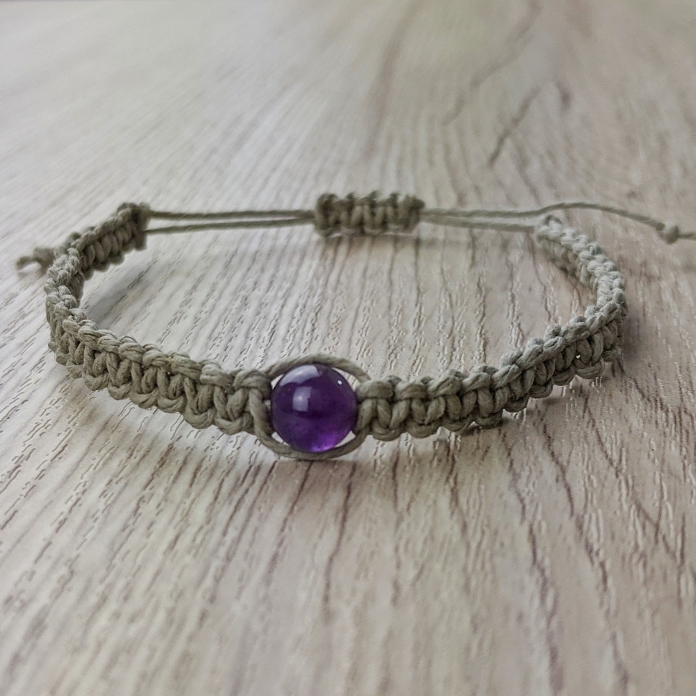 Amethyst 8mm Handmade Hemp Adjustable Bracelet